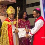 The Coordinating bishop of Anambra State, Bishop Lawrence Ubaoji handing over the Certificate on behalf of the Primate for all Africa, Most Rev Prof Paul Hanson to the newly consecrated bishop Vincent Diolu.